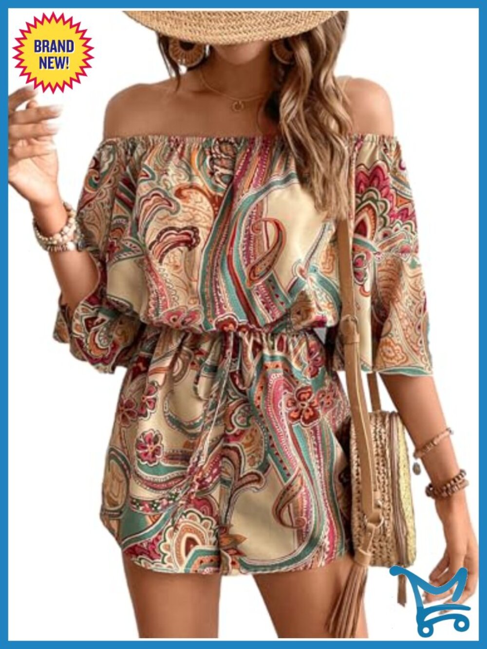 Women's Off The Shoulder Romper Boho Elastic Waist Shorts Jumpsuit Dressy - Picture 1 of 5
